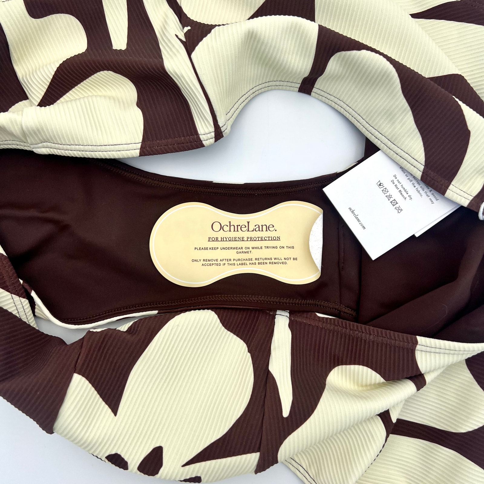 Ochrelane High Waist Swim Bottoms Womens 16 Au20 Brown Cream Floral Ribbed Nwt — image 7 of 8